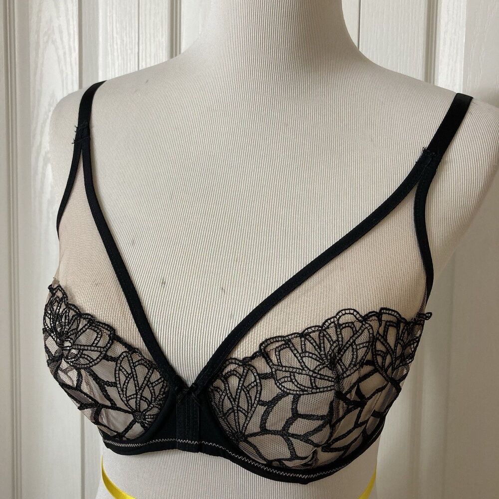 Simone Perele Bra 32D Underwire Black Lace Unlined Semi Sheer 12G319 Sexy - Picture 5 of 15